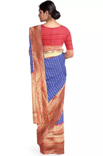 Blue red silk blend banarasi saree with unstitched blouse piece