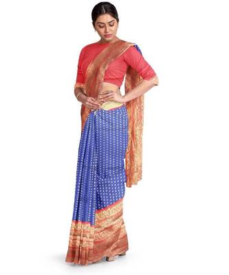 Blue red silk blend banarasi saree with unstitched blouse piece 3