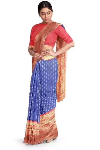 Blue red silk blend banarasi saree with unstitched blouse piece