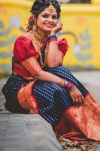 Blue red soft silk blend banarasi jacuard work designer party wear saree with unstitched blouse piece