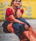 Blue red silk blend banarasi saree with unstitched blouse piece