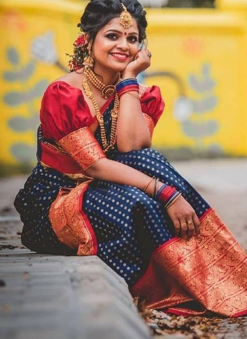 Blue red soft silk blend banarasi jacuard work designer party wear saree with unstitched blouse piece