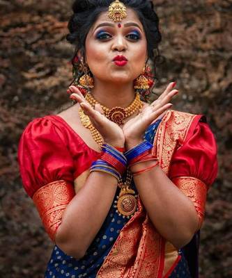 Blue red silk blend banarasi saree with unstitched blouse piece 2