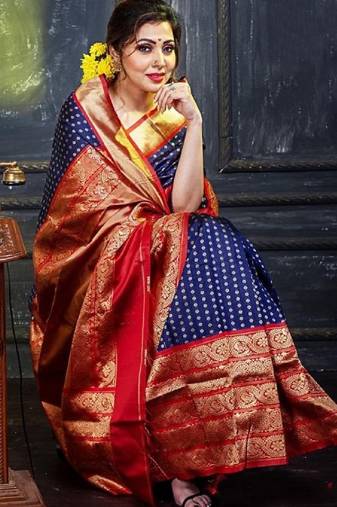 Blue red soft silk blend banarasi jacuard work designer party wear saree with unstitched blouse piece