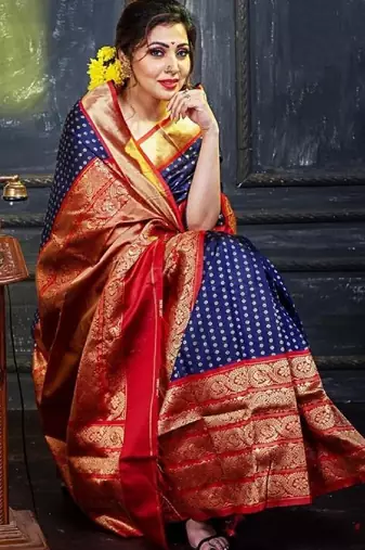 Blue red soft silk blend banarasi jacuard work designer party wear saree with unstitched blouse piece