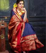 Blue red silk blend banarasi saree with unstitched blouse piece