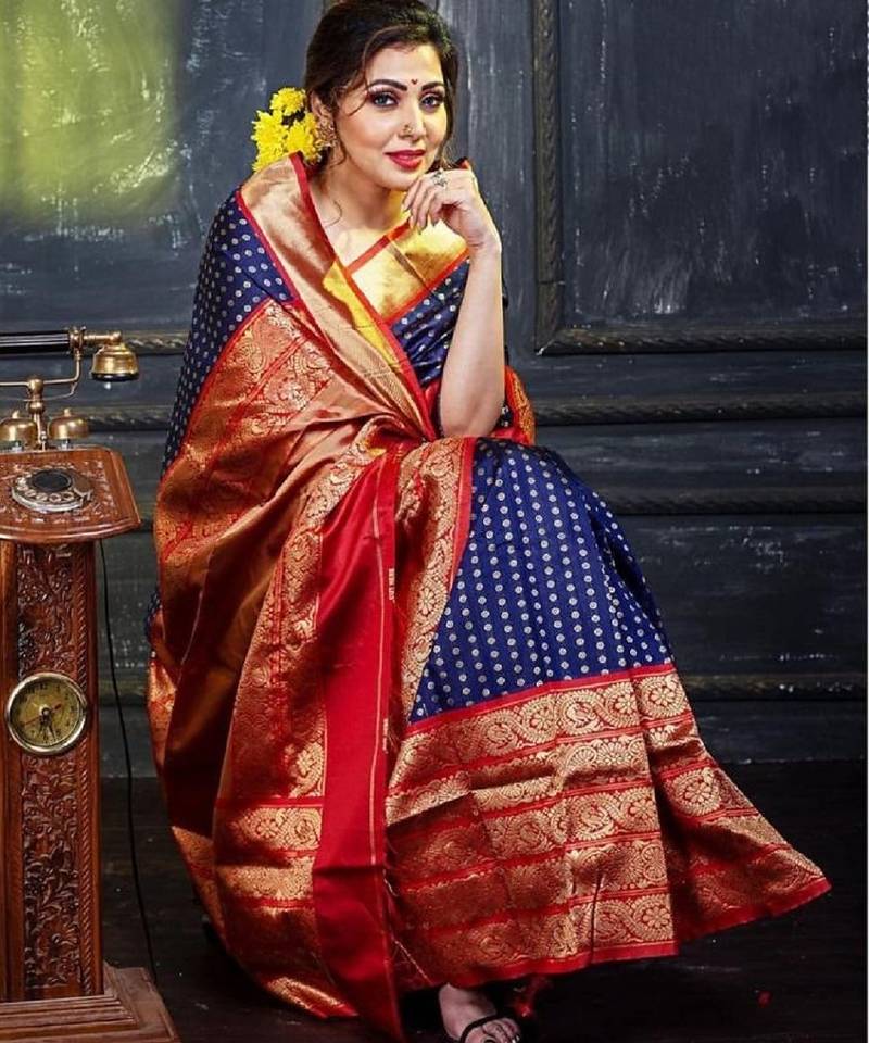 Blue red soft silk blend banarasi jacuard work designer party wear saree with unstitched blouse piece