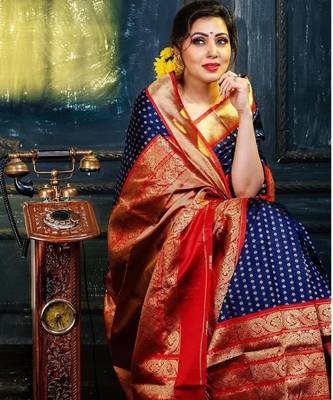 Blue red silk blend banarasi saree with unstitched blouse piece 2