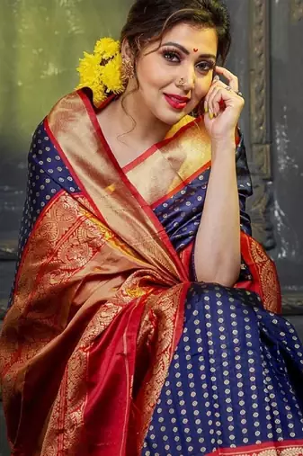 Blue red silk blend banarasi saree with unstitched blouse piece