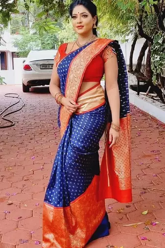 Blue red soft silk blend banarasi jacuard work designer party wear saree with unstitched blouse piece