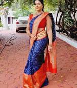 Blue red silk blend banarasi saree with unstitched blouse piece