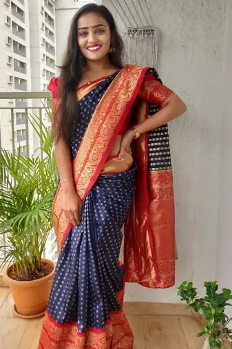 Blue red soft silk blend banarasi jacuard work designer party wear saree with unstitched blouse piece