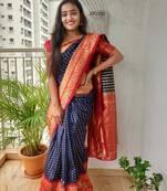 Blue red silk blend banarasi saree with unstitched blouse piece