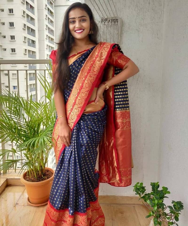 Blue red soft silk blend banarasi jacuard work designer party wear saree with unstitched blouse piece