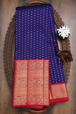 Blue red silk blend banarasi saree with unstitched blouse piece 2