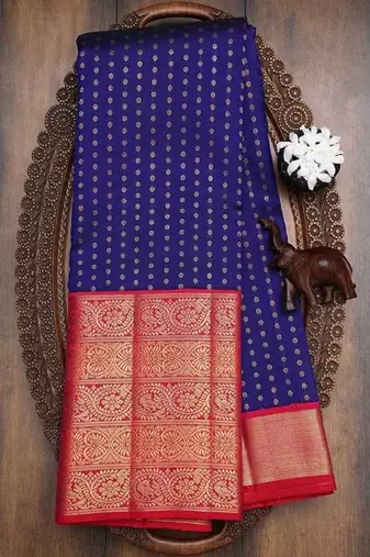 Blue red silk blend banarasi saree with unstitched blouse piece