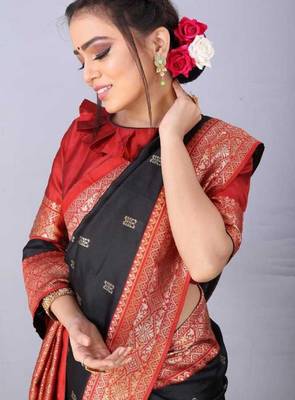 Balck red silk blend banarasi saree with unstitched blouse piece 1
