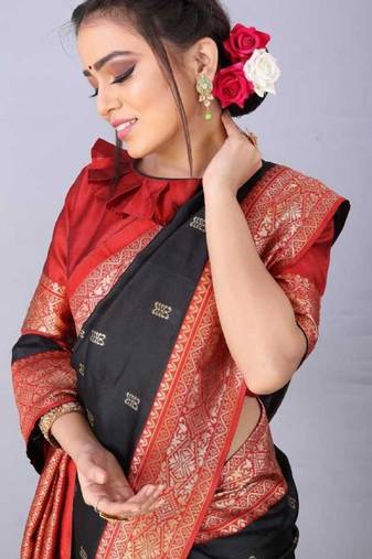 Balck red soft silk blend banarasi jacuard work designer party wear saree with unstitched blouse piece