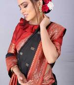 Balck red silk blend banarasi saree with unstitched blouse piece