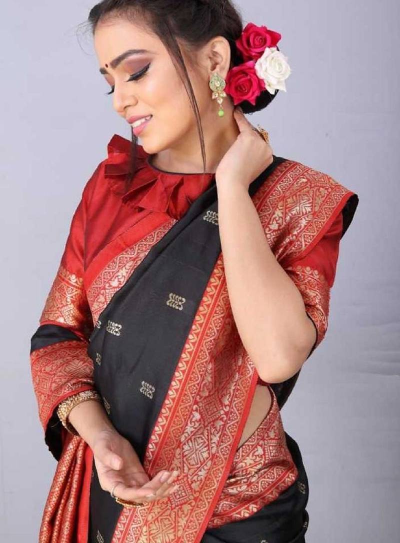 Balck red soft silk blend banarasi jacuard work designer party wear saree with unstitched blouse piece