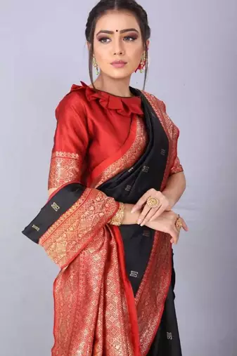 Balck red silk blend banarasi saree with unstitched blouse piece