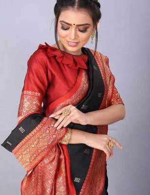 Balck red silk blend banarasi saree with unstitched blouse piece 3