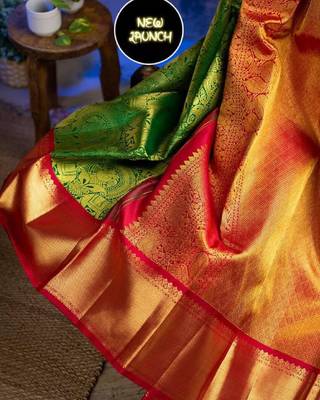 Green red silk blend banarasi saree with unstitched blouse piece 3