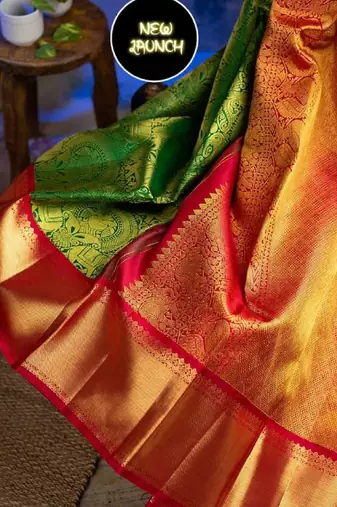 Green red silk blend banarasi saree with unstitched blouse piece