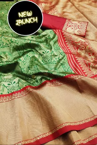Green red silk blend banarasi saree with unstitched blouse piece