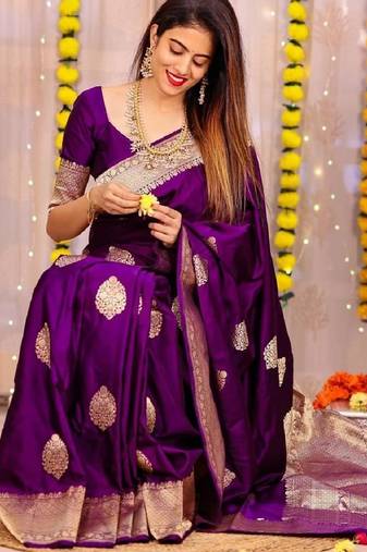 Purple soft silk blend banarasi jacuard work designer party wear saree with unstitched blouse piece