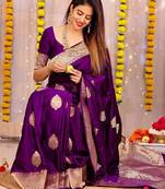 Purple silk blend banarasi saree with unstitched blouse piece