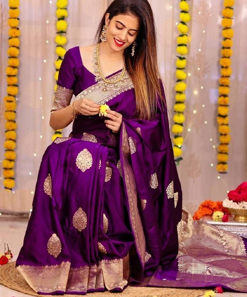 Purple soft silk blend banarasi jacuard work designer party wear saree with unstitched blouse piece