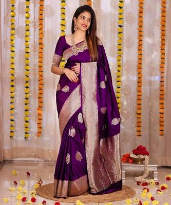 Purple silk blend banarasi saree with unstitched blouse piece 2