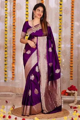 Purple silk blend banarasi saree with unstitched blouse piece