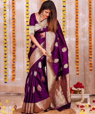 Purple silk blend banarasi saree with unstitched blouse piece 3