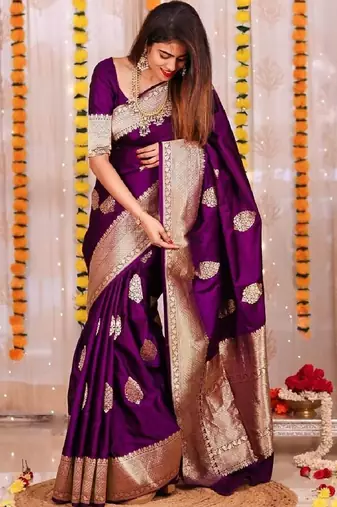 Purple silk blend banarasi saree with unstitched blouse piece