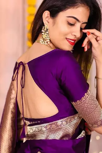 Purple silk blend banarasi saree with unstitched blouse piece