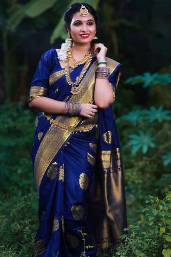 Blue soft silk blend banarasi jacuard work designer party wear saree with unstitched blouse piece