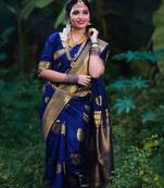 Blue silk blend banarasi saree with unstitched blouse piece