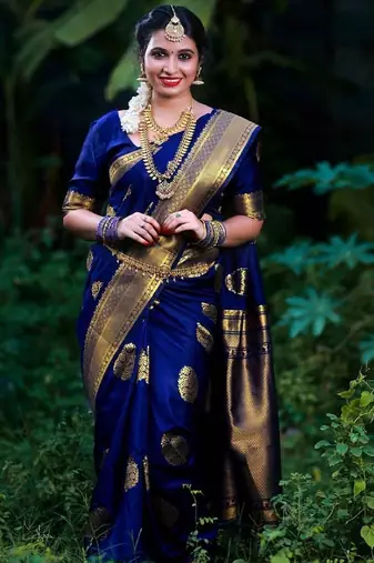 Blue silk blend banarasi saree with unstitched blouse piece