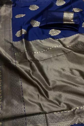 Blue silk blend banarasi saree with unstitched blouse piece
