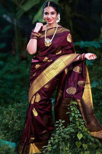 Wine soft silk blend banarasi jacuard work designer party wear saree with unstitched blouse piece