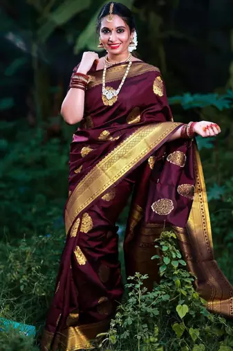 Wine soft silk blend banarasi jacuard work designer party wear saree with unstitched blouse piece