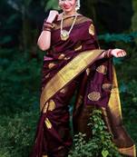 Wine silk blend banarasi saree with unstitched blouse piece