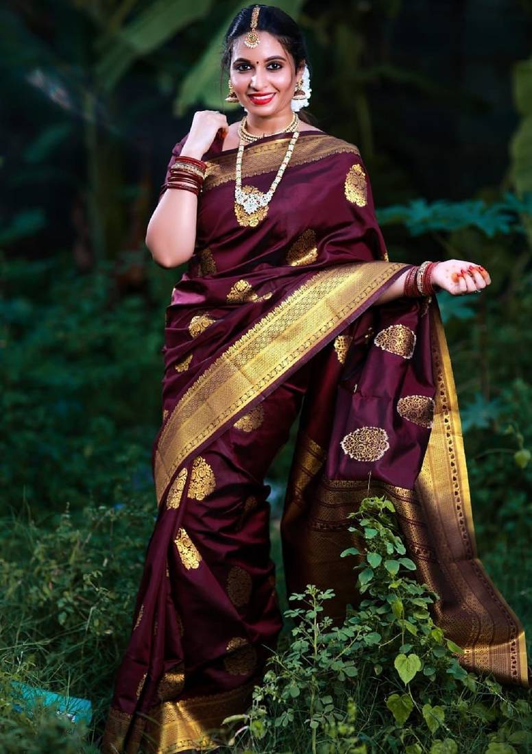 Wine soft silk blend banarasi jacuard work designer party wear saree with unstitched blouse piece
