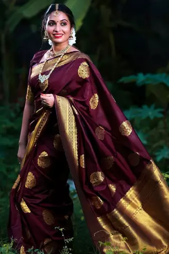 Wine silk blend banarasi saree with unstitched blouse piece
