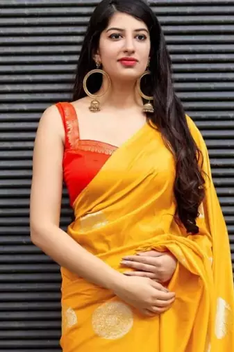 Yellow red soft silk blend banarasi jacuard work designer party wear saree with unstitched blouse piece