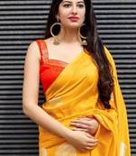 Yellow red silk blend banarasi saree with unstitched blouse piece