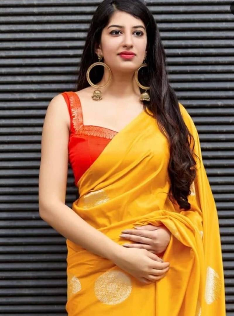 Yellow red soft silk blend banarasi jacuard work designer party wear saree with unstitched blouse piece