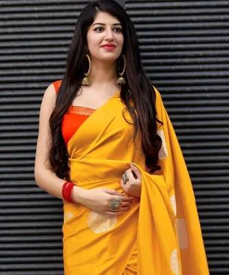 Yellow red silk blend banarasi saree with unstitched blouse piece 2